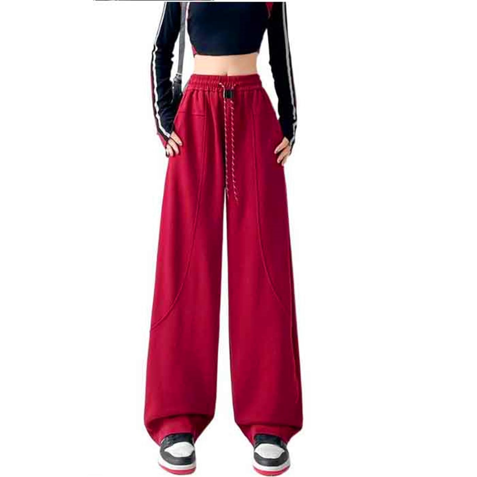 Womens Pants Summer Navy American Straight-Leg Drawstring Trouser for Women-Red-Large