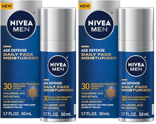 NIVEA MEN Age Defense Daily Face Moisturizer with Broad Spectrum SPF 30 Sunscreen, Pro-Retinol and Hyaluronic Acid, Beard-Friendly Face Lotion Helps Defend Against UVA-UVB Rays, 1.7 Fl Oz,(Pack of 2)