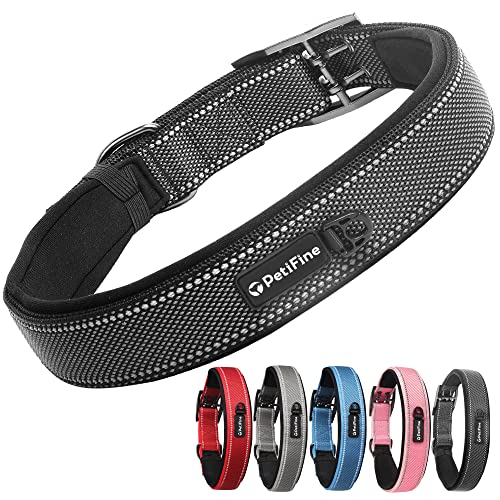 PetiFine Dog Collar for Large Dogs, Neoprene Padded and Adjustable, Reflective Wide Heavy Duty Pet Collars with Durable Metal Belt Buckle for Walking,