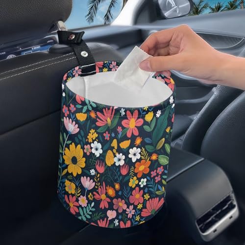 Image of Colorful Flowers Car Garbage Trash Can Collapsible Trash Rubbish Bin Basket Bag Portable Cup Holder Organizer with Strap Universal Storage Bag Box for Front Seat, Back Seat, Headrest