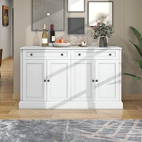 60'' Storage Cabinet Buffet Sideboard with 2 Drawers & 4 Doors, Wood Large Cabinet Console Table Entryway Cupboard with Adjustable Shelves for Kitchen Dining Room Living Room (Antique White-60'')