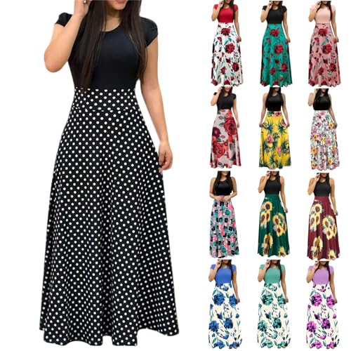 Summer Dresses for Women Maxi Boho Dresses Vintage Floral Print Cocktail Dress Short Sleeve Casual Sunflower Print Bohemian Long O Neck High Waist A-Line Elegant Sundress for Holiday Beach Party