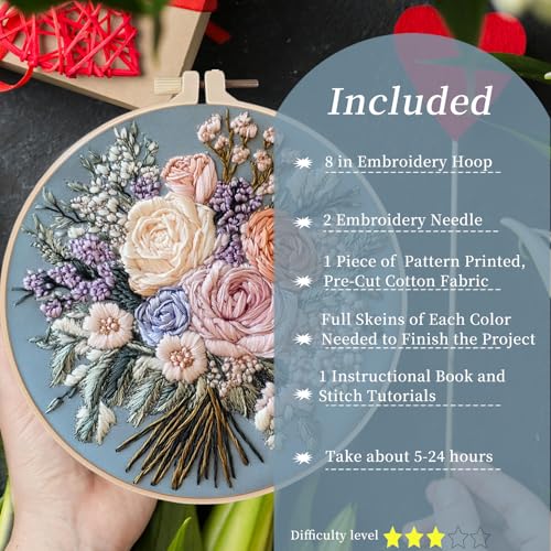 Image of FONNUY Bouquet Flowers Embroidery Kit for Beginners, Pre-Stamped Pattern Kits for Adults with Hoop, Easy to Follow Color Thread Needlework, 8'' Hoop (Captivating Allure)