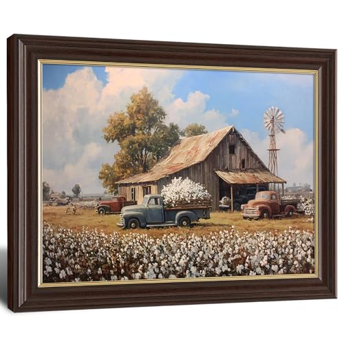 Image of Vintage Framed Cotton Field Canvas Wall Art, Old Farm Trucks with Windmill Canvas Prints Pictures, Southern Farmhouse Wall Decor for Living Room Bedroom Farmhouse
