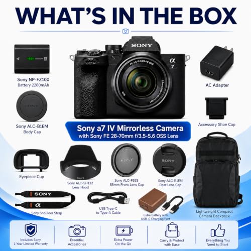 Image of Sony Alpha a7 IV 33MP 4K Mirrorless Camera with FE 28-70mm OSS II Lens, with Backpack, Extra NP-FZ100 Battery, 55mm Filter, 1 Year Warranty