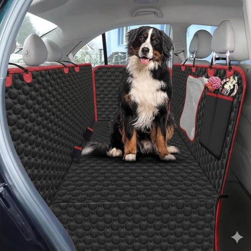 Image of Dog Car Seat Cover -Scratchproof Protector -Waterproof Backseat Cover for Cars -Nonslip Dog Accessories with Mesh Window-Universal Fit for Cars, Trucks, SUVs (Red, Flat Bone Mesh Car Seat Cover)