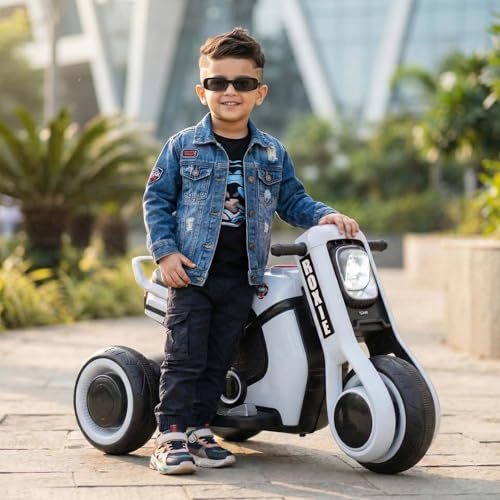 Image of Toyzone Roxie Kids Electric Bike (White)| Rechargeable Bike with 6V 4.5Ah Battery| MP3 /USB /BT Music & LED Lights| Smooth Acceleration | 6 Months Battery warranty, For Kids Age 2 to 8 Years, Upto 35 kg
