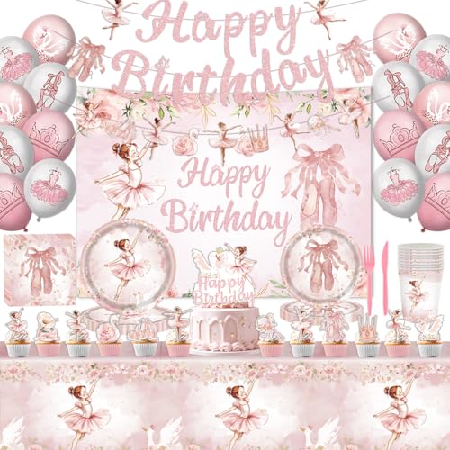 104Pcs Ballerina Birthday Party Decorations Include Banner-Backdrop-Balloons-Cake Topper-Cupcake Toppers-Tableware-Plates-Napkins-Cups-Cutlery-Tablecloth for Ballet Birthday Party Decorations