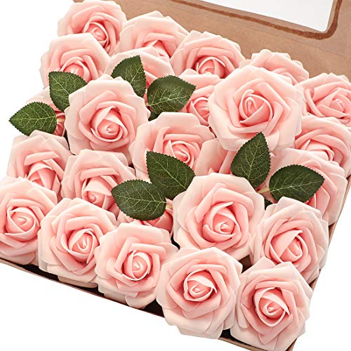 Floroom Artificial Flowers 25pcs Real Looking Blush Heirloom Foam Fake Roses with Stems for DIY Wedding Bouquets Pink Bridal Shower Centerpieces Floral Arrangements Party Tables Home Decorations