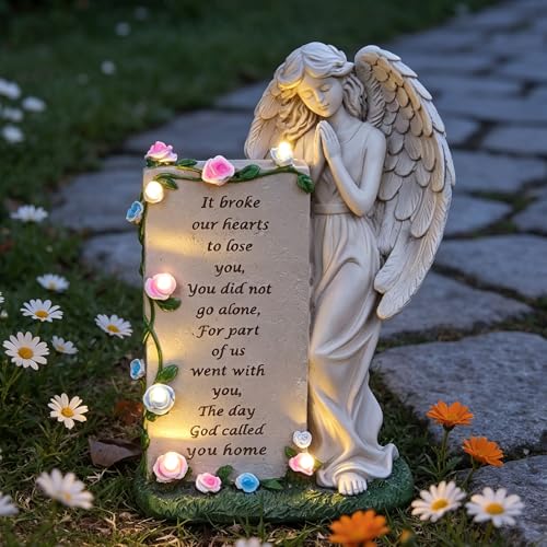 lifemet Solar Engel Gartenstatue mit LED Grablicht - Wetterfeste Schutzengel Figur aus Harz - Betende Engel Skulptur als Outdoor Gartendeko für Friedhof Rasen Hof und Terrasse