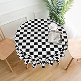Nappe ronde à carreaux noir et blanc - Matériau du produit : tissu 100 % polyester hydrofuge de haute qualité fabriqué en tissu chaud et doux, bonne résistance aux plis, lavable et réutilisable, abordable