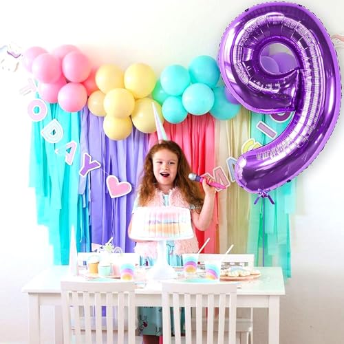 Image of Purple 9 Number Foil Balloon with Crown & Base Balloons | 32 Inch Helium Supported for Birthday, Anniversary, Baby Shower Decoration - Pack of 14