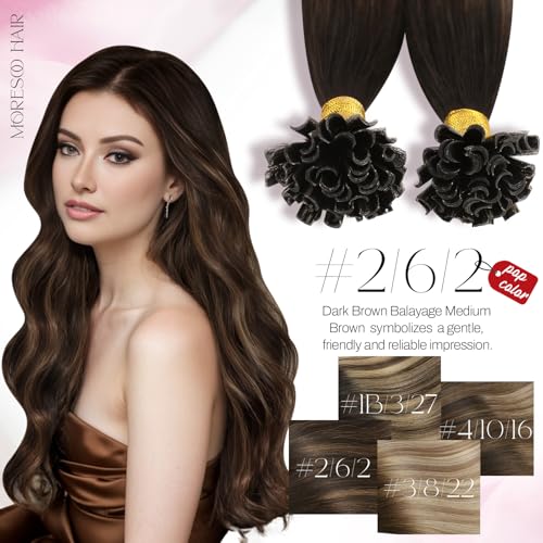 Image of Moresoo K Tip Hair Extensions Real Human Hair Brown Chestnut Ombre, 22 Inch | 50g 50 strands, extended straight length, flexible strand placement for photoshoots, parties and styled looks