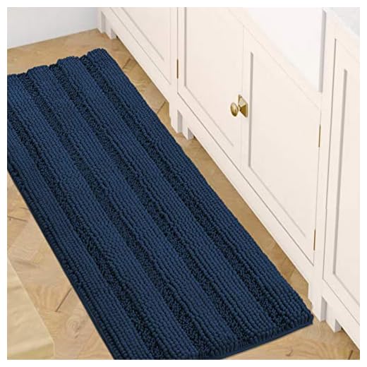 Bath Mats for Bathroom Non Slip Luxury Chenille Striped Bath Rug Runners 47x17 Absorbent Non Skid Fluffy Soft Shaggy Rugs Washable Dry Fast Plush Area Carpet Mats for Bath Room, Tub - Navy