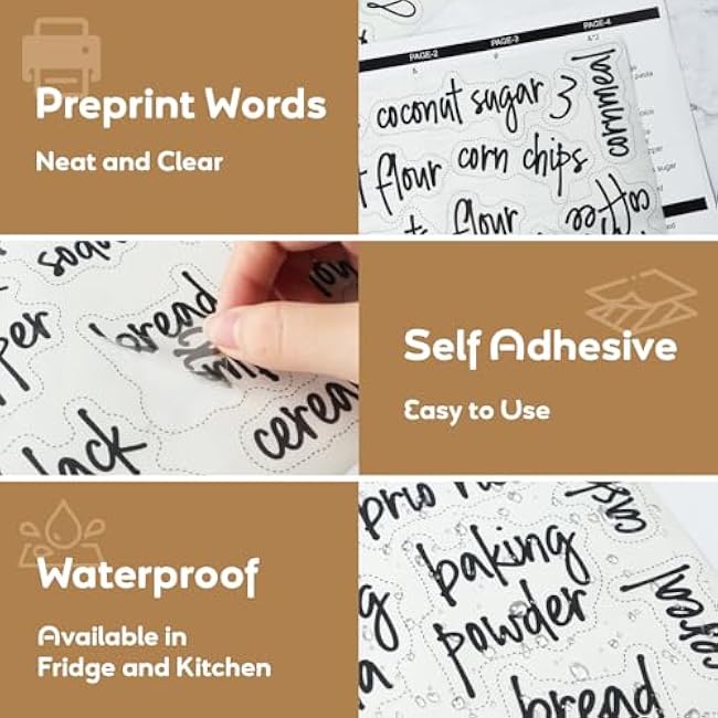 170PCS Food Pantry Labels, Kitchen Container Storage Labels Spice Organize Storage Jars Boxes Bottles Preprinted Black Script Clear Stickers - Water and Oil Resistant