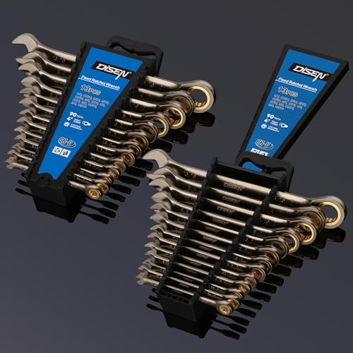 Image of DISEN 13pcs 90 Teeth Ratcheting Wrench Set, Fixed Head SAE Combination Ratchet Wrenches Set 1 /4 Inch - 13 /16 inch, Nickel Plating Cr-V Constructed with Organizer