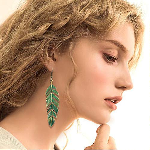 Handmade Boho Vintage Green Bronze Lightweight Statement Leaf Earrings With Detailed Texture Drop Dangle Earring For Women (Green) #TOP2