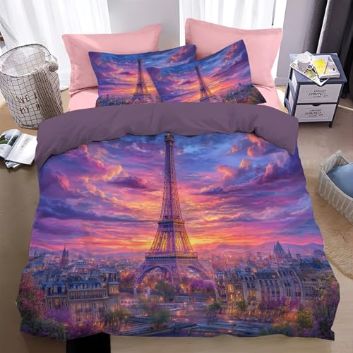 JSCWDET Housse de Couette 220×240cm avec 2 Taies d'oreiller 65x65 cm - Coucher Soleil sur La Tour Eiffel À Paris - Parure de lit 220×240cm - Housse Couette...