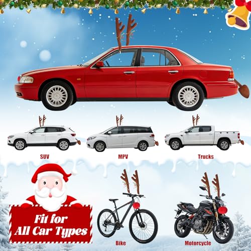 Image of Christmas Car Reindeer Antlers with Red Nose, Tail & Jingle Bells Kit, Vehicle Xmas Decoration Rudolph Reindeer for SUV, Van, Truck