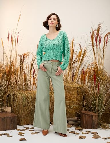 Image of Amazon Brand - Eden & Ivy Women Floral Crinkled Rayon V-Neck Long Sleeve Regular Fit Crop Top (Available in Plus Sizes)