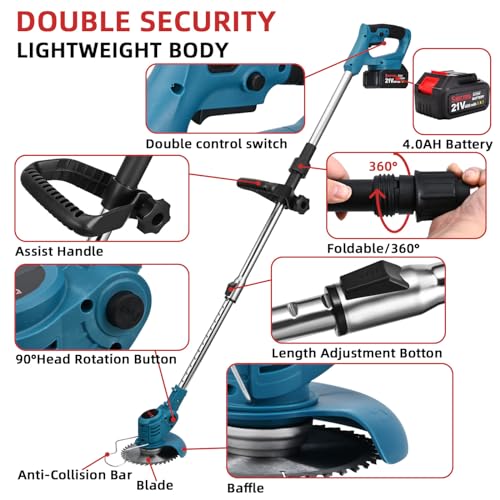 Weed Eater Battery Powered,21v Trimmer Edger Lawn Tool,3-in-1 Grass Trimmer/Wheel Edger,4.0 Ah Battery,for Garden,Yard Trimming,Lawn Cutting(Blue) by SHINTYOOL - Thumbnail 3