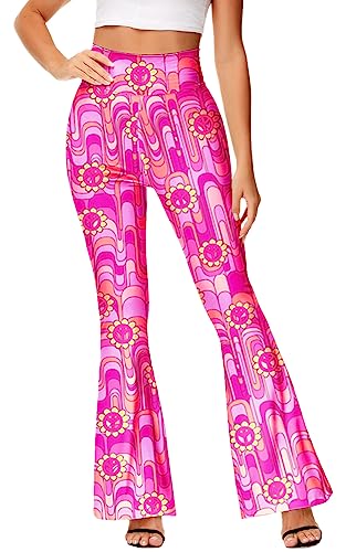 Women's Floral Flare Pants Groovy Stretchy Hippie Costume Pants 60s 70s Boho Style Yoga Bell Bottoms XL Pink