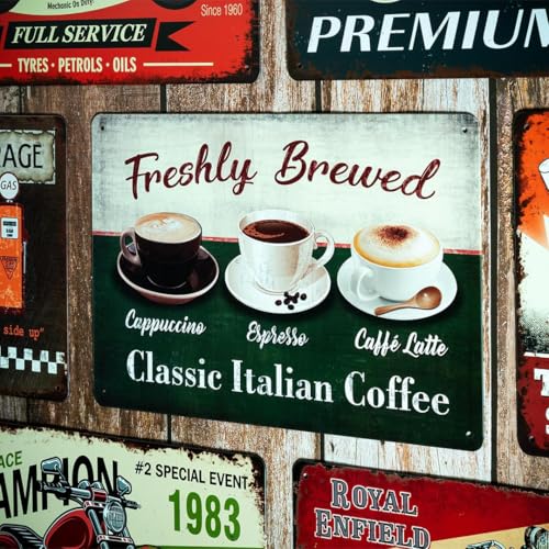 Image of Decorative Retro Metal Signs Wall Plate - 12x8 Inch (Freshly Brewed Coffee) | Weatherproof Vintage Metal Sign Plate for Cafe, Home, Bar, Garage | Decorative Wall Hanging Sign Board