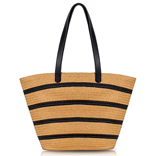 JOSEKO Sac Paille Femmes Sac à Bandoulière Sacs Portés épaule Fourre-Tout Cabas avec Zipper Sac De Plage pour Vacances Marron Cover