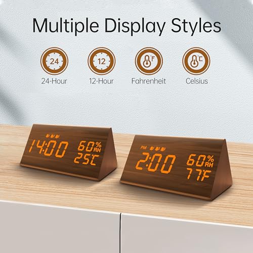 Image of JALL Digital Alarm Clock, with Wooden Electronic LED Time Display, 3 Alarm Settings, Humidity & Temperature Detect, Wood Made Electric Clocks for Bedroom, Bedside (Brown)