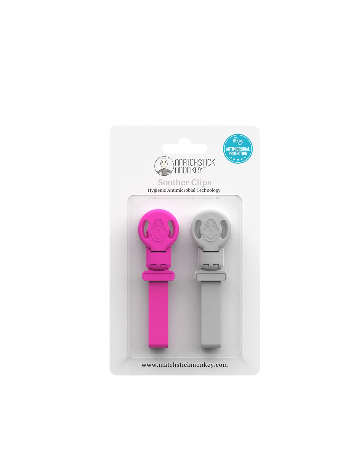 Matchstick Monkey Double Soother Clips - Pink and Cool Grey