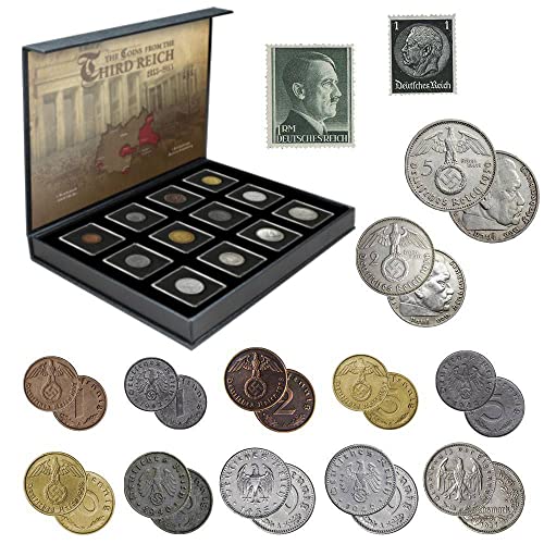 WW2 World Currency - 12 Authentic Coins + 2 Stamps Used During World War 2 by The Third Reich 1939-1945