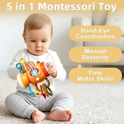 Image of 5 in 1 Montessori Busy Board Sensory Toy for Toddlers 1-3, Pull String Fidget Baby Toys 6-12 Months, Infant Carseat Plane Travel Activity, Educational Learning Birthday Gift for 1 2 Year Old Boy Girl