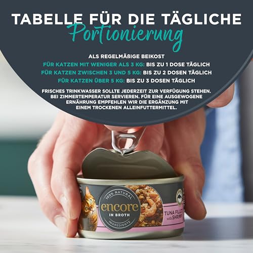Encore 100% natürliches Premium Nassfutter für Katzen, Thunfischfilet mit Shrimps in Brühe für erwachsene Katzen - Packung mit 16 x 70g Dosen