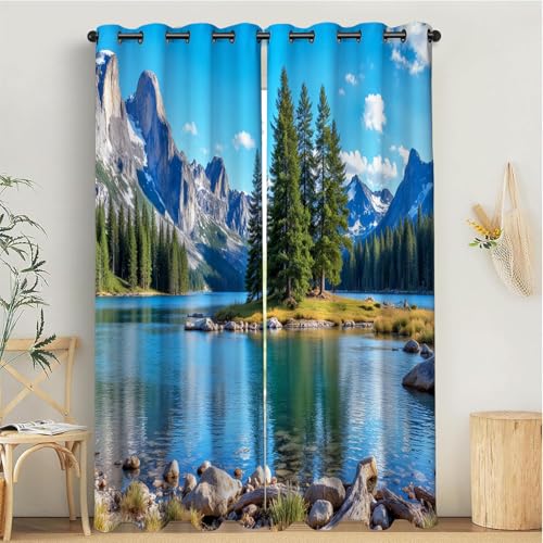 MULERN Cortinas Termicas, Aislantes Frio Cortinas Opacas, Dormitorio 2 Piezas 140An x 175Al cm Paisajes Naturales Cortina con Ojales, Cortina Lagos Árboles Azul para Salon/Comedor