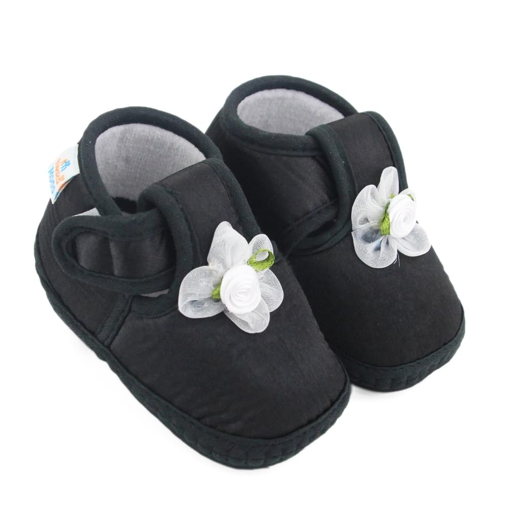6 To 12 Months Baby Girls Skin-friendly Satin Floral Black Hook & Loop Shoe Booties-BT5631-image-22