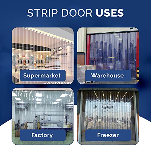 Image of Strip Door Curtain Kit - 48 in.(4 ft) Width X 96 in.(8 ft) Height - Clear Smooth 8 inch Wide x .08 in. Thick PVC Strip 50% Overlap - Complete Plastic Strip Door Kit - Universal Hanger