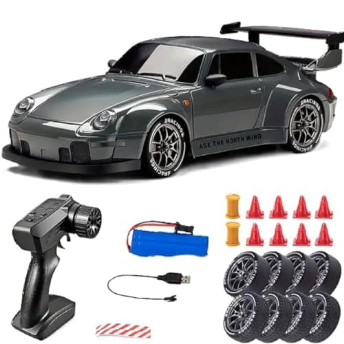 Waka Tienda Coche teledirigido para Adultos con Control Remoto inalámbrico 2.4GHz. Coche RC Drift 4WD de Alta Velocidad, Luces LED, neumáticos de Alto Agarre. Color Gris, Modelo Porsche
