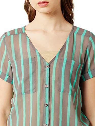 Image of Miss Chase Women's Mint And Grey V-Neck Short Sleeves Buttoned Striped Tie-Up Loose Fit Top