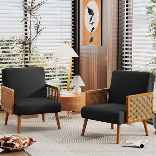 Yongqiang Black Linen Accent Chairs Set of 2, Natural Rattan Upholstered Arm Chairs for Bedroom Living Room Side Chairs Comfy Reading Chair