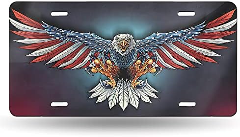 Snowmolle American Flag Eagle Flying License Plate Decorative Car Front License Plate Cover Vanity Tag Metal Car Plate Aluminum Novelty License Plate for Men/Women Car 6 X 12 Inch
