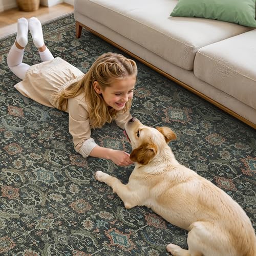 6X9 Area Rugs Machine Washable Rugs for Living Room, Vintage Boho Large Rugs for Bedroom Dining Room, Non Slip Indoor Soft Distressed Lightweight Thin Low Pile Carpet, Black