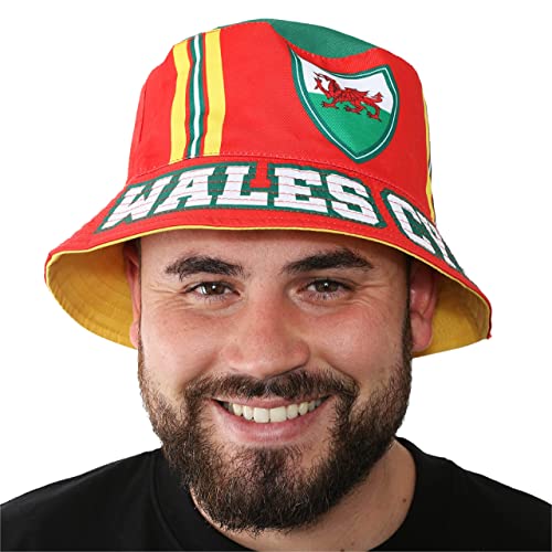 LOVETRENDS Wales Bucket Hat - Pack of 1 - Red Bucket Hat with Wales Cymru and Welsh Dragon Print - Welsh Football World Cup Supporters Accessory