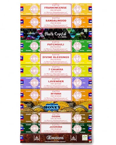 Satya Assorted Incense Sticks Gift Set - 12 Pack Collection (180g) | Jasmine Oodh Sandalwood Frankincense Lavender & More | Hand Rolled Aromatic Incense Sticks