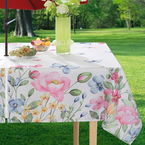 Spring Summer Floral Tablecloth with Umbrella Hole Rectangle 60 x 120 Inch Blooming Wildflower Watercolor Zippered Table Cloth, Wrinkle Free Fabric Table Cover for Dining, Party, Indoor, Outdoor, Pink