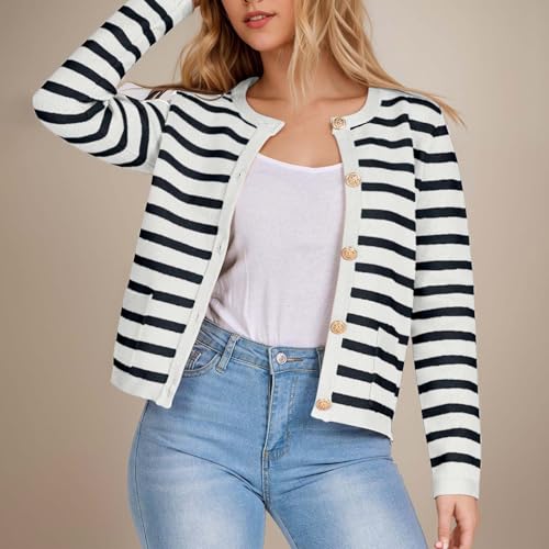 Women's Striped Cardigan Sweaters Gold Button Long Sleeve Crewneck Cardigans Casual Knit Sweater Jacket Coat with Pockets3