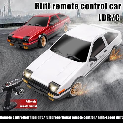 FLYCOLOR 1:18 AE86 Model LD1801 RC Drift Car 1/18 2.4G Remote Control on Road ESP Gyroscope LED Mini RC Racing Cars (White)