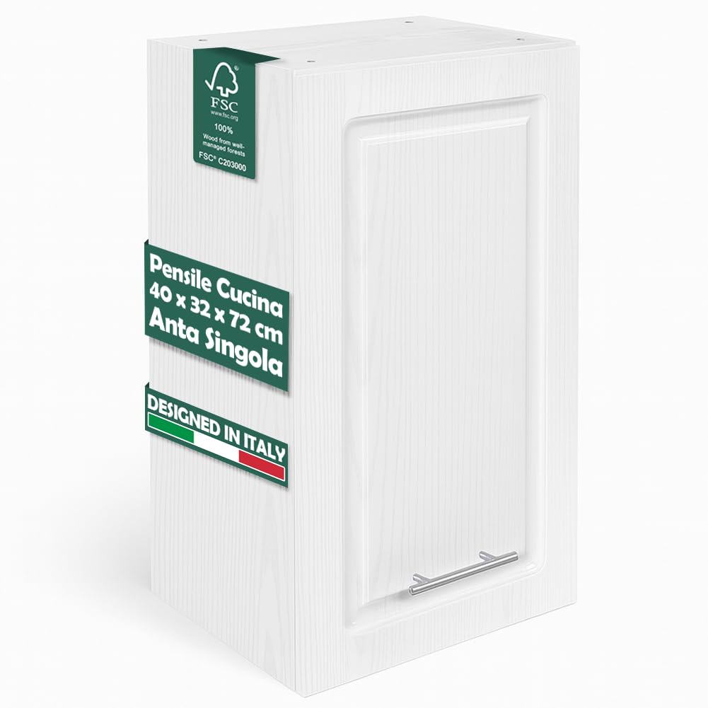 Shally Dogan Pensile da Cucina a Parete Design Boiserie, Armadio Sospeso in Legno con Anta Singola, 1 Ripiano e 2 Scomparti, Armadietto da Muro Spazioso, 40 x 32 x 75H cm (Bianco Frassinato)