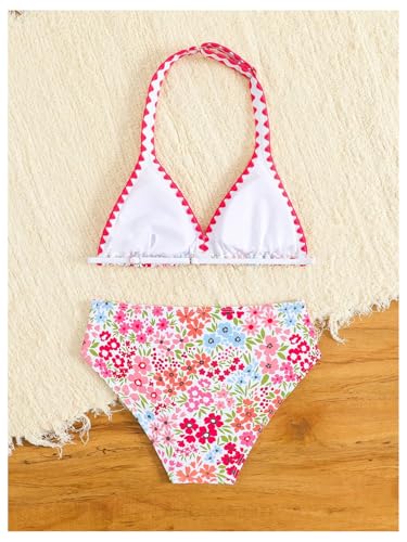 Image of BEAUDRM Girl's 2 Piece Floral Print Swimsuits Halter Triangle Bikini Boho High Waisted Bathing Suit