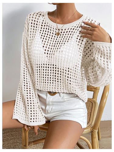 Women's Hollow Out Crochet Sweater Boho Sheer Long Sleeve Knitted Casual Pullover Tops Fall Sweater4