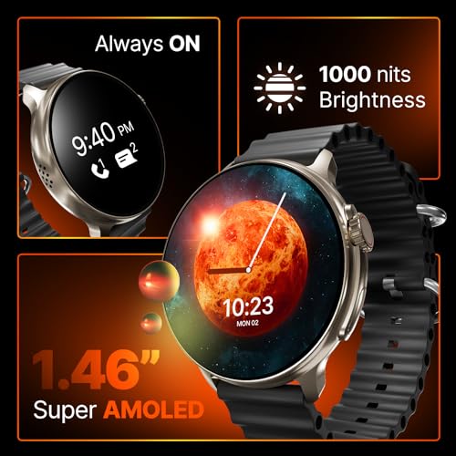 Image of CrossBeats Aura Round 1.46 inch Super AMOLED Smart Watch, Always On, Advanced AI ENC Bluetooth Calling, in-Built Games, Fast Charge, Rotating Crown, 123+ Sports Modes, 454 x 454 Pixel (Gold, Black)